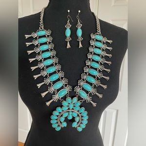 Southwest Squash blossom Turquoise necklace and earring set 3 pc set.